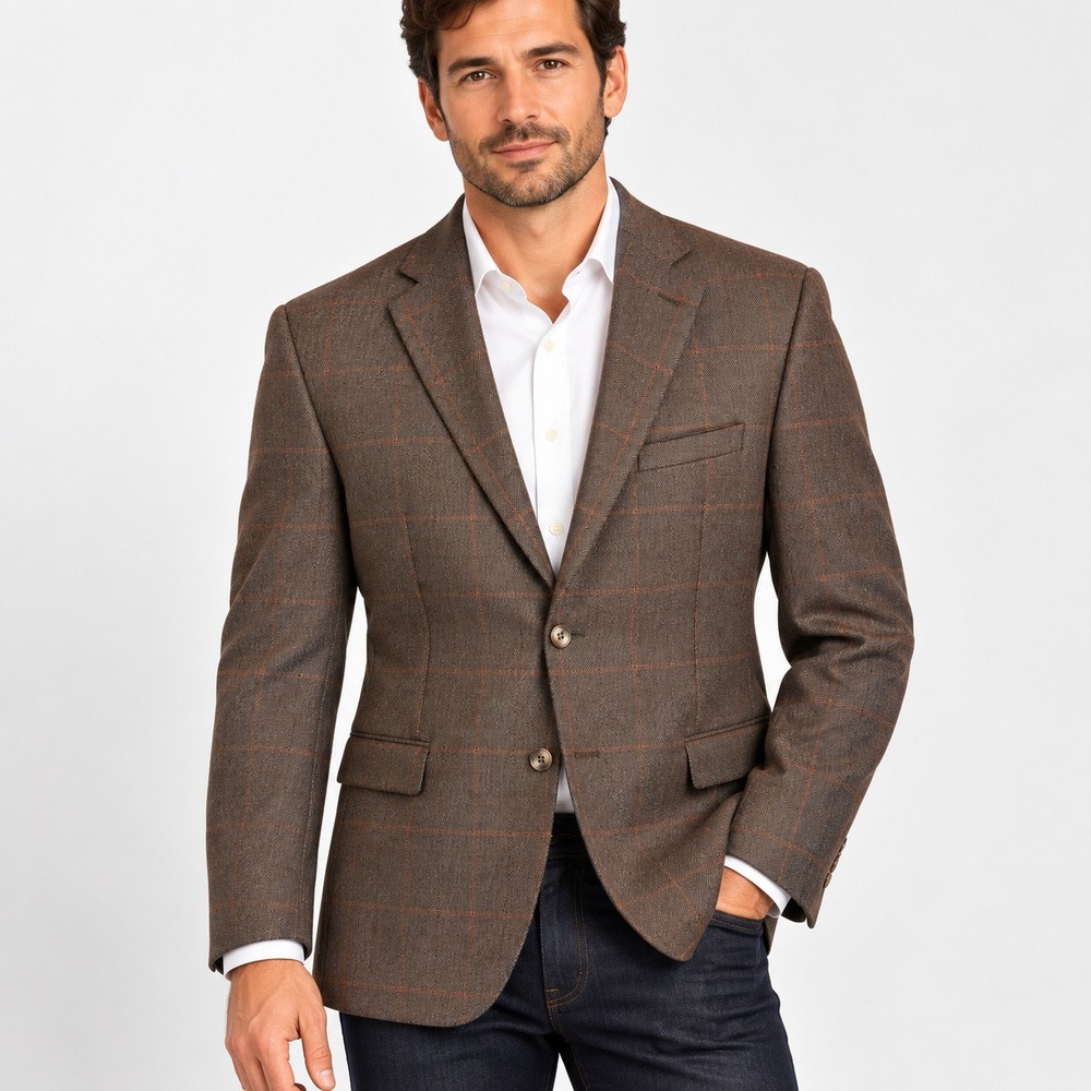 J. Hilburn Vitale Barberis Canonico 100% Wool Mens 44R Brown Plaid Sport Coat